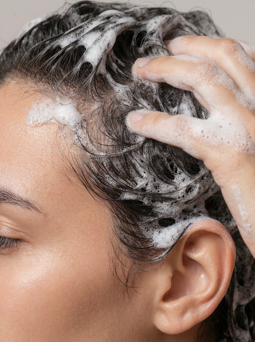 Haar wird mit Shampoo eingechäumt (AI-generated image)