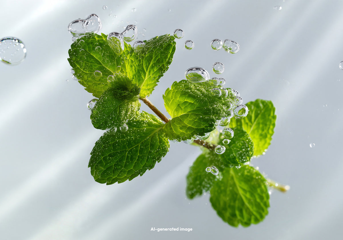Minzzweig umrundet von Bubbles (AI-generated)