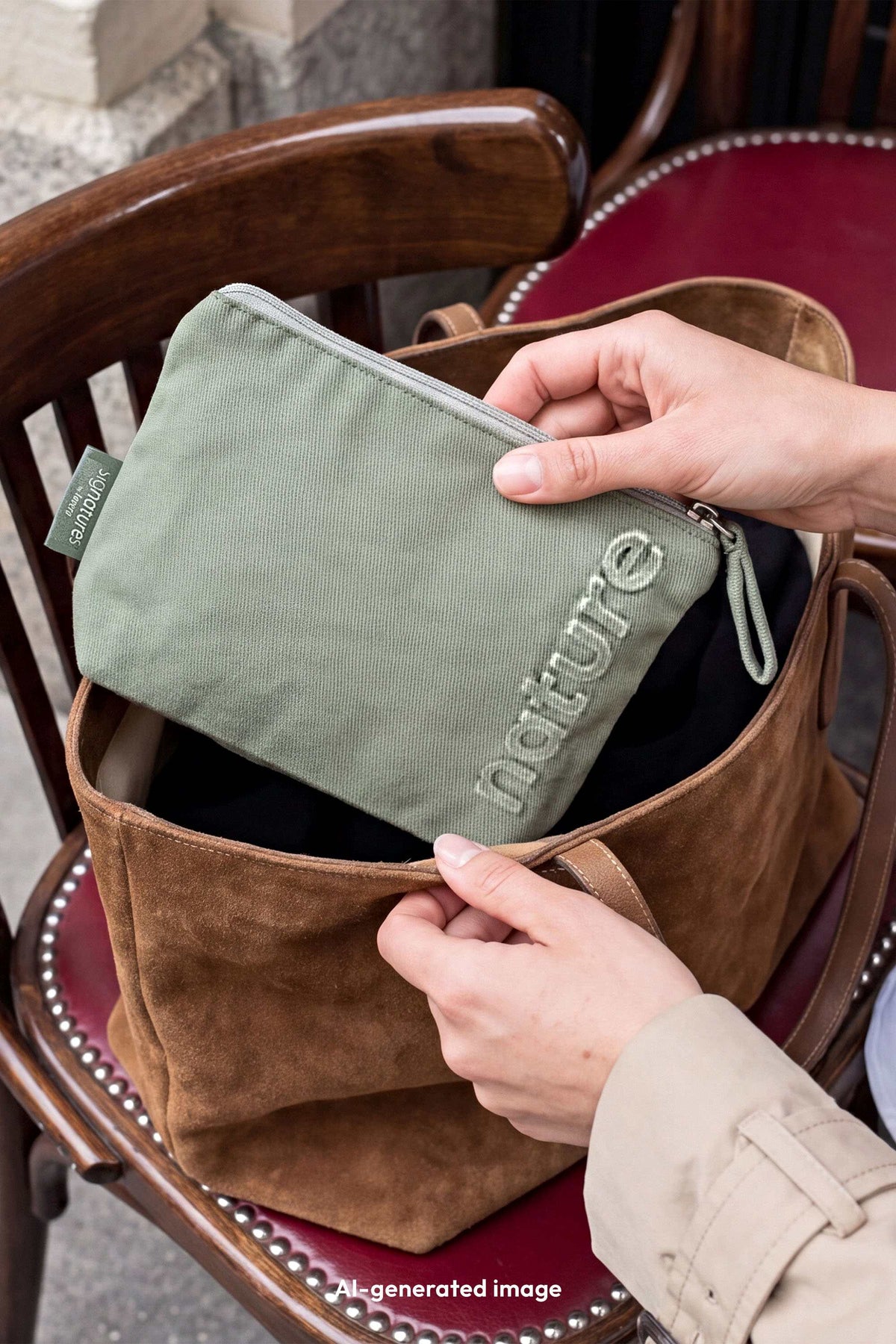 lavera Kosmetiktasche – Sage Green in der Anwendung (AI-generated)